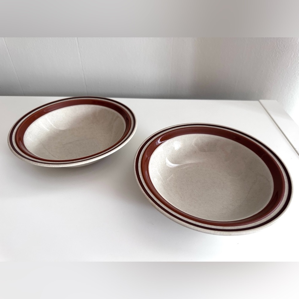 Vintage Stoneware Cereal Bowls, Speckled Cream with Brown Rim - Set of 2